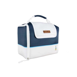 Kanga Coolers navy and white insulated beverage bag with top handle and zipper closure