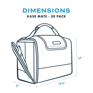 Kase Mate 30 pack cooler bag dimensions diagram showing 13.5 inch width 10 inch height and 8 inch depth