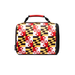 Kanga Coolers Maryland flag pattern insulated beverage sleeve with red handle