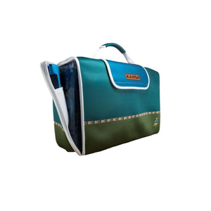 Kanga Coolers insulated beverage case in teal and green with white trim