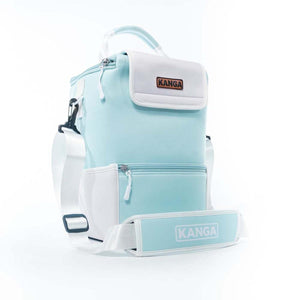 Light blue and white Kanga insulated cooler bag with shoulder strap