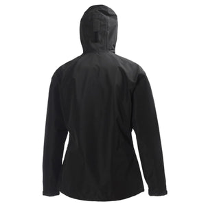 Back view of a black Helly Hansen hooded rain jacket