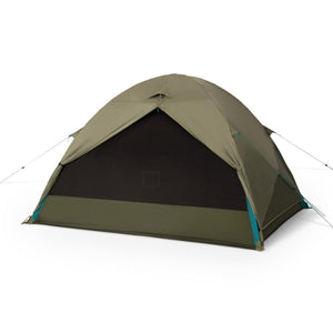 Kelty dome tent with olive green rainfly and black mesh door