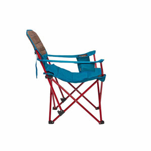 Kelty folding camp chair with blue fabric and red metal frame