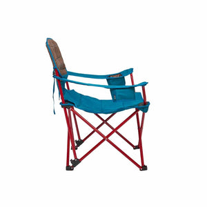 Side view of a blue and brown Kelty folding camp chair with a red metal frame