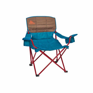 Kelty folding camp chair with blue seat and brown backrest on red metal frame