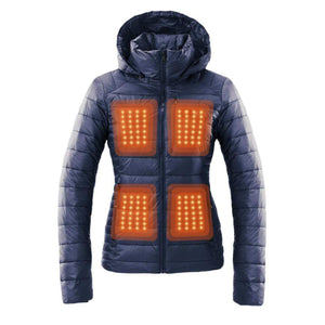 Kelvin navy blue hooded puffer jacket with four glowing orange heating panels on the chest and waist