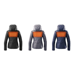 Three Kelvin hooded puffer jackets in black grey and blue with glowing orange heated back panels
