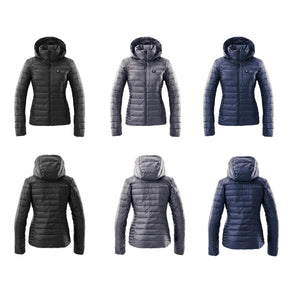 Kelvin hooded puffer jackets in black grey and navy shown from front and back views