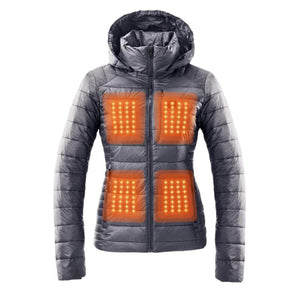 Kelvin grey hooded puffer jacket with four glowing orange heated panels on chest and waist