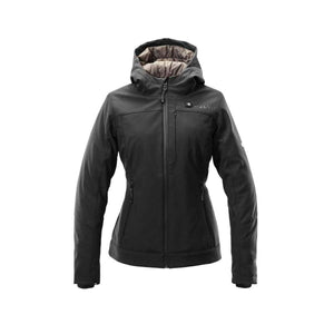 Kelvin black hooded softshell jacket with front zipper and pockets
