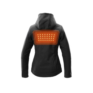 Back view of black Kelvin heated jacket with glowing orange heating element panel