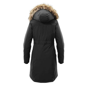 Back view of a black Kelvin parka with a faux fur trimmed hood