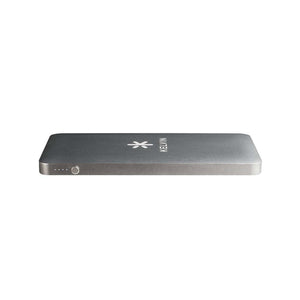 Kelvin silver portable power bank with indicator lights and logo