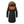 Back view of a black Kelvin heated parka with a faux fur hood and glowing orange heating element on the upper back