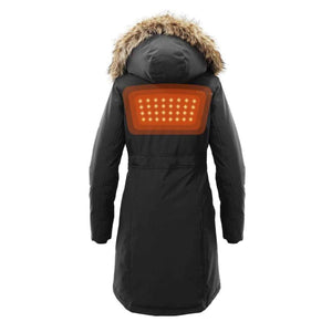 Back view of a black Kelvin heated parka with a faux fur hood and glowing orange heating element on the upper back