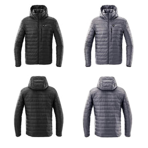 Kelvin hooded puffer jackets in black and grey shown from front and back views