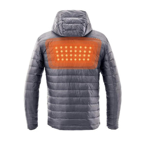 Back view of grey Kelvin heated puffer jacket with illuminated orange heating element panel