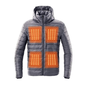 Kelvin grey hooded puffer jacket with four glowing orange heated panels on the chest and abdomen