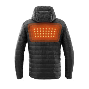Back view of Kelvin black hooded puffer jacket with glowing orange heating element panel