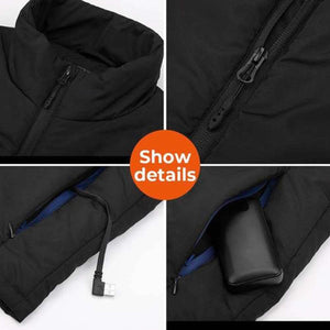 Kemimoto heated vest showing zipper collar USB cable and battery pocket details