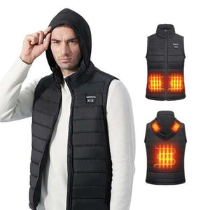 Man wearing a black Kemimoto heated vest with hood showing front and back heating zones