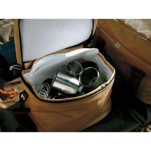 Snow Peak tan soft cooler bag filled with metal camping mugs