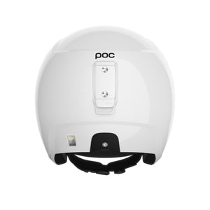 Back view of a white POC ski helmet with a goggle clip and FIS certification sticker