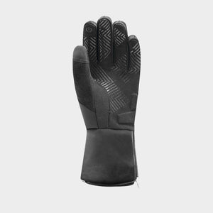 Black heated glove with geometric grip pattern on palm and power button icon on index finger