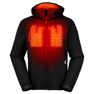 Gerbing black hooded jacket with visible internal red heating elements