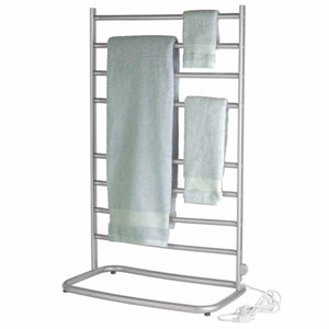 WarmRails freestanding silver towel warmer with three hanging towels