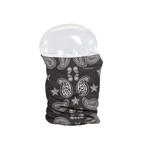 Seirus black neck gaiter with white paisley and star pattern on a mannequin head