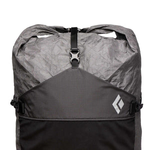 Black Diamond backpack roll top closure with buckle and grid pattern fabric