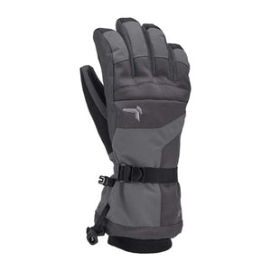 Grey and black insulated winter glove with adjustable wrist strap and cinch cord