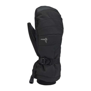 Black insulated winter mitten with adjustable wrist strap and logo
