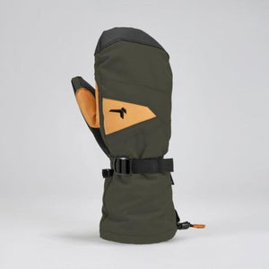 Kombi olive green and tan winter mitten with adjustable wrist strap