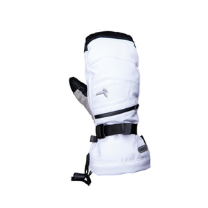 Kombi white ski mitten with black wrist strap and zipper pocket
