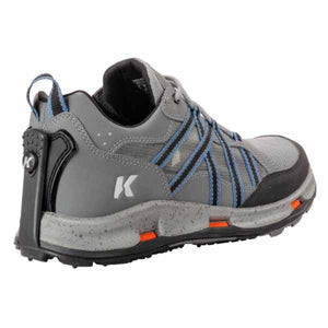 Korkers grey and blue low top hiking shoe with speckled midsole and black heel detail
