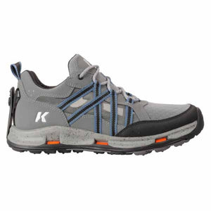 Korkers grey hiking shoe with blue and black side straps and orange sole accents