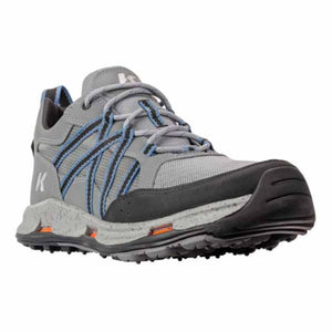 Korkers grey and black trail running shoe with blue accents and speckled midsole