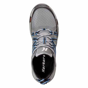 Top view of grey Korkers wading shoe with blue accents and laces
