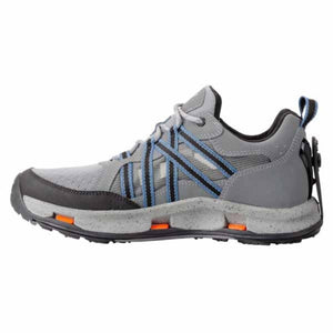 Korkers grey and blue low top hiking shoe with speckled midsole and orange accents