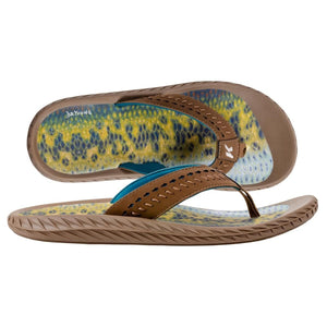 Korkers DeYoung flip flops with brown leather straps and fish scale pattern footbed