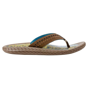 Brown leather flip flop with blue interior lining and patterned yellow footbed