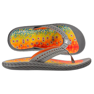 Korkers flip flops with orange and blue trout pattern footbed and grey straps
