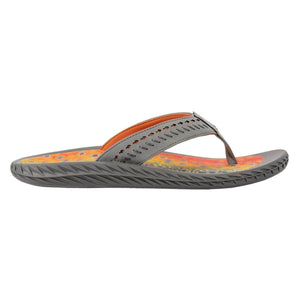 Grey flip flop with orange patterned footbed and laser cut strap