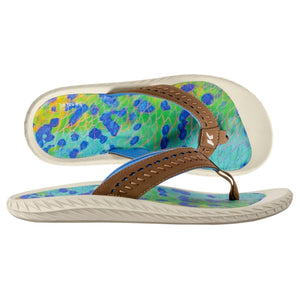 Korkers flip flops with brown leather straps and blue and green fish scale pattern footbed