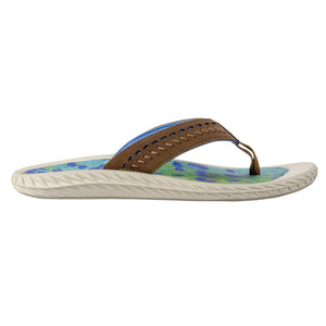 Brown leather thong sandal with blue and green patterned footbed and textured white sole