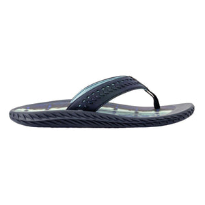 Korkers navy blue flip flop with patterned footbed
