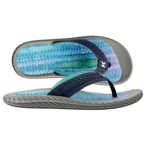 Korkers flip flops with blue fish scale pattern footbed and dark blue straps
